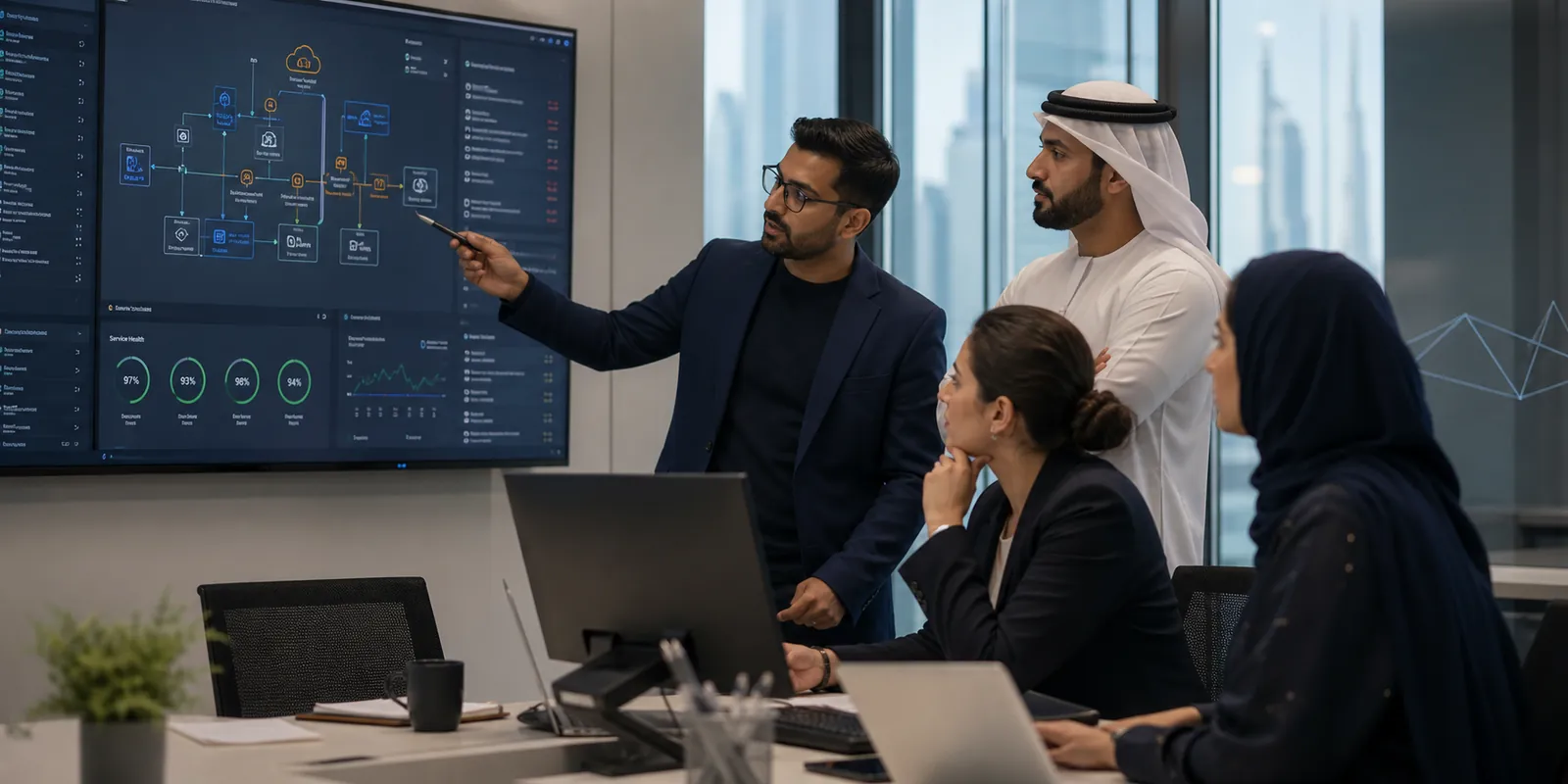 Business and technology professionals reviewing a digital operating environment