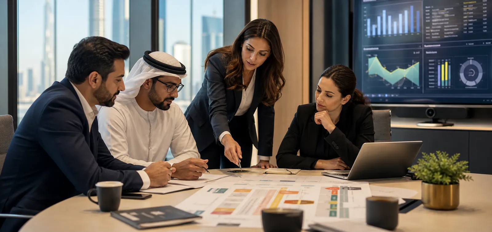 Senior professionals reviewing a transformation roadmap and programme dashboard